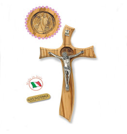 8" St. Benedict Medal- Olive Wood Cross with Silver Plated Corpus
