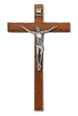 8" Textured Cherry Stained- Wood Wall Cross with Silver Tone Corpus