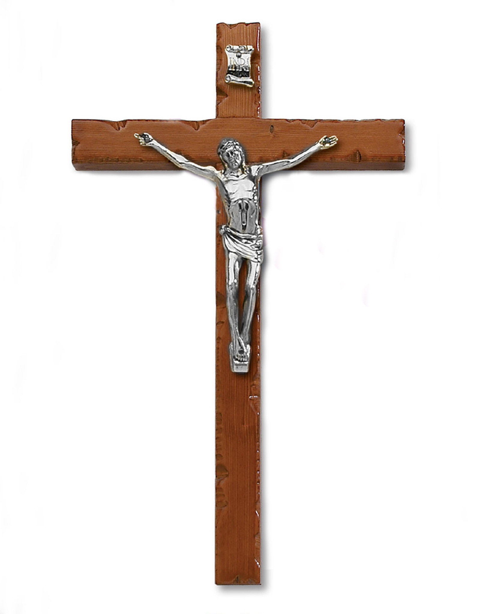 8" Textured Cherry Stained- Wood Wall Cross with Silver Tone Corpus
