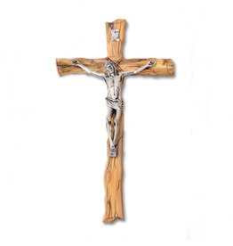 6-3/4" Textured Olive Wood Wall Cross with Silver Tone Corpus