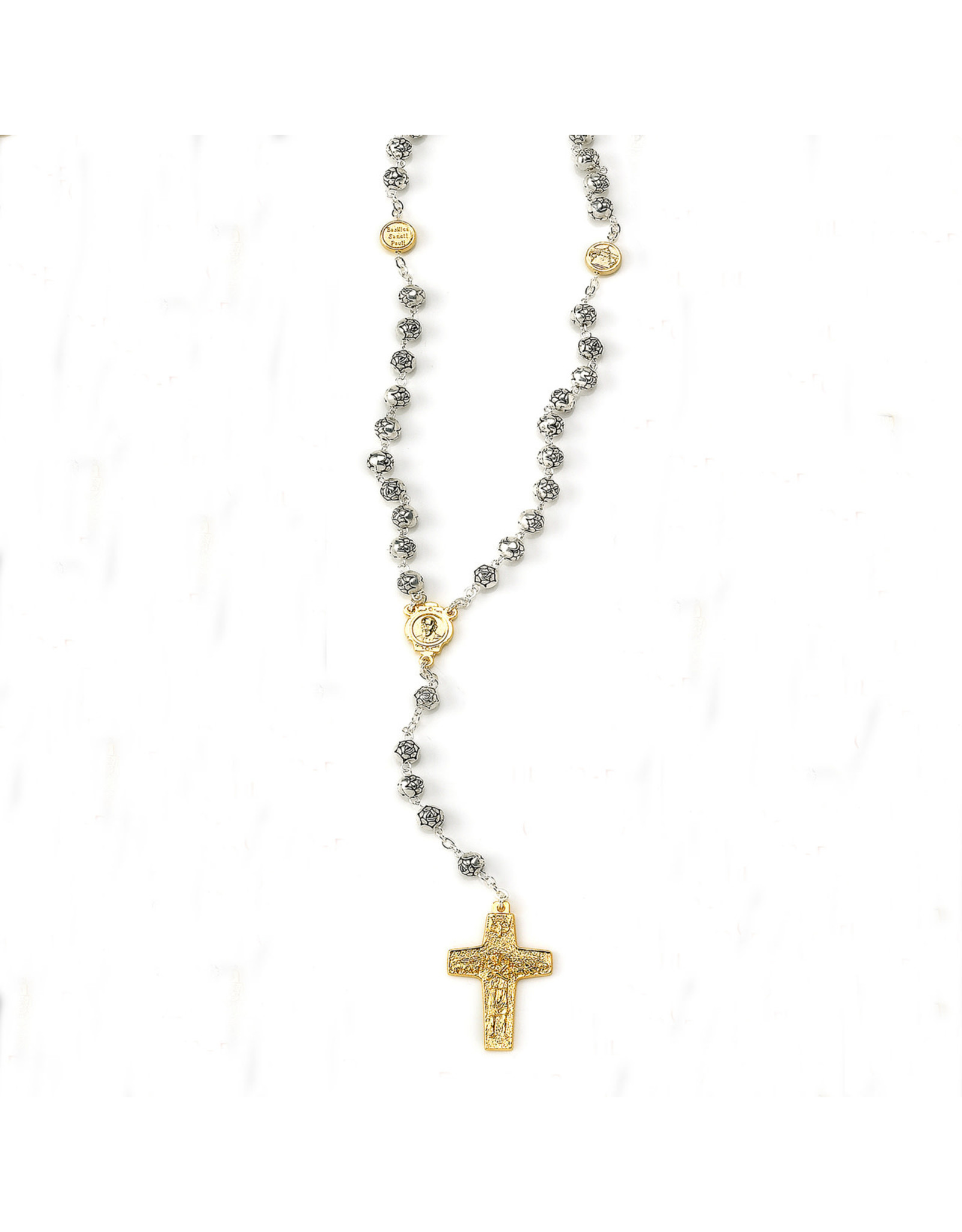 Tuscan Hills Silver/Gold Tone Rose Petal Bead Rosary with Pope Francis Cross