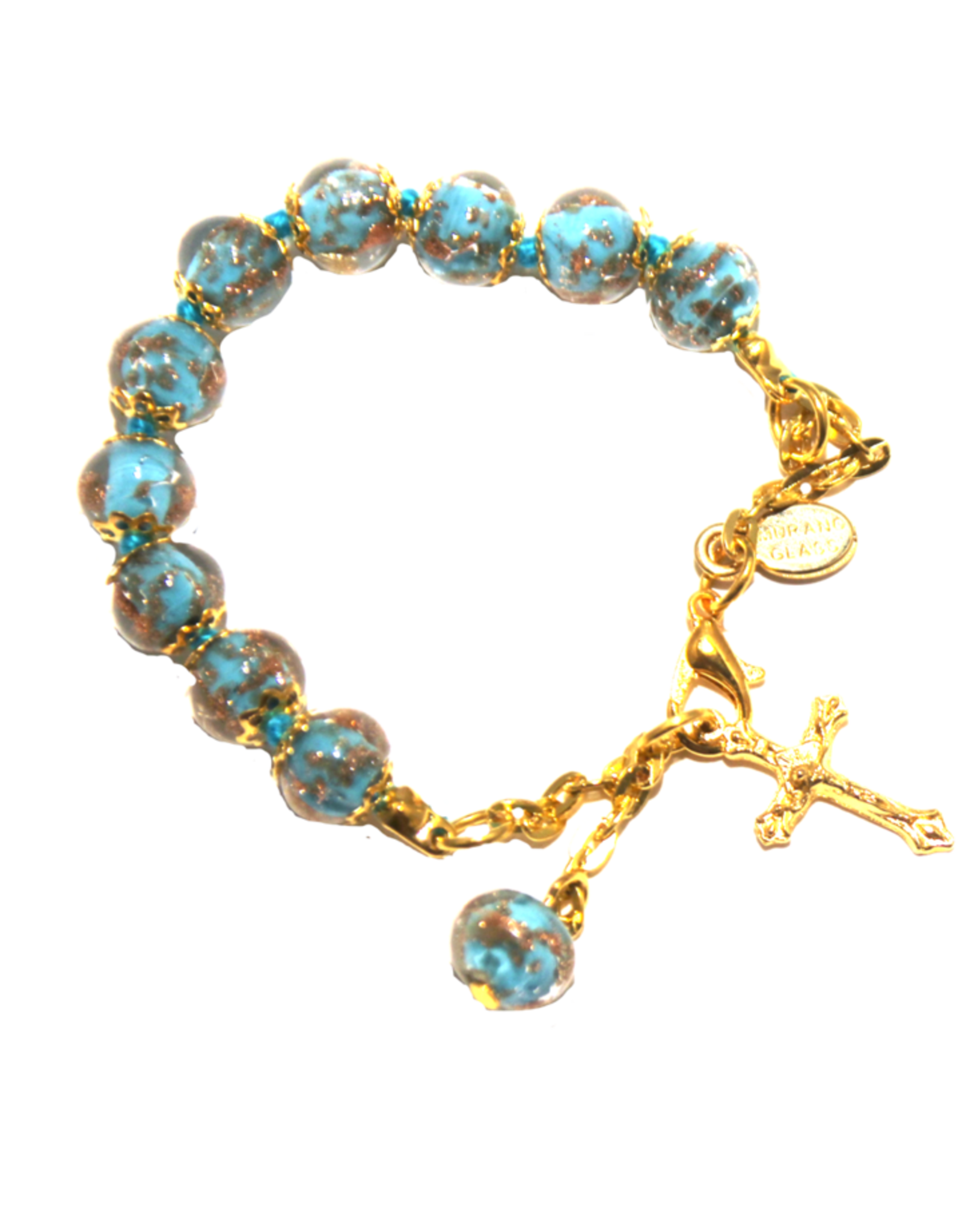 Tuscan Hills Bracelet - Turquoise Genuine Murano Glass with Handknotted Sommerso Beads & Crucifix