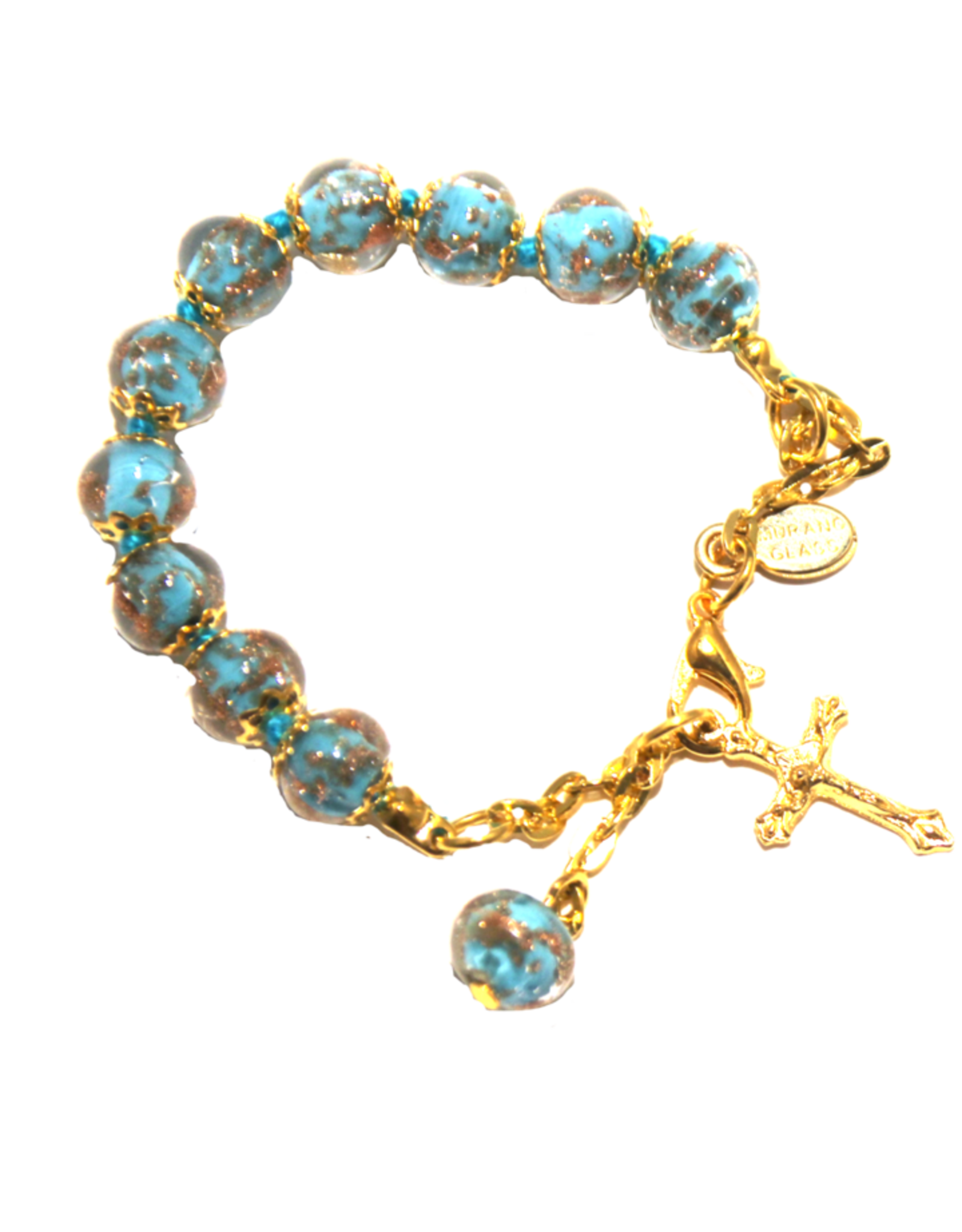 Tuscan Hills Bracelet - Turquoise Murano Glass with Handknotted Sommerso Beads & Crucifix