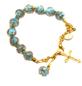 Lumen Mundi Rosary Bracelet - Turquoise Genuine Murano Gold Tone with Handknotted Sommerso Beads & Crucifix