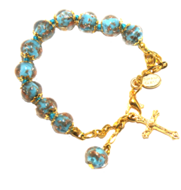 Tuscan Hills Bracelet - Turquoise Genuine Murano Glass with Handknotted Sommerso Beads & Crucifix