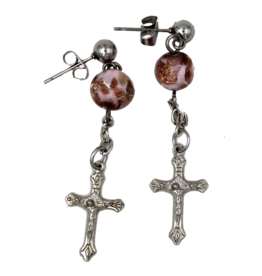 Tuscan Hills Earrings - Stainless Steel Crucifix with Pink Murano Beads