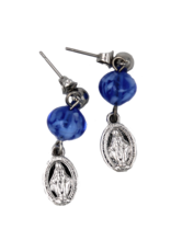 Tuscan Hills Earrings - Stainless Steel Miraculous Medal with Blue Murano Beads