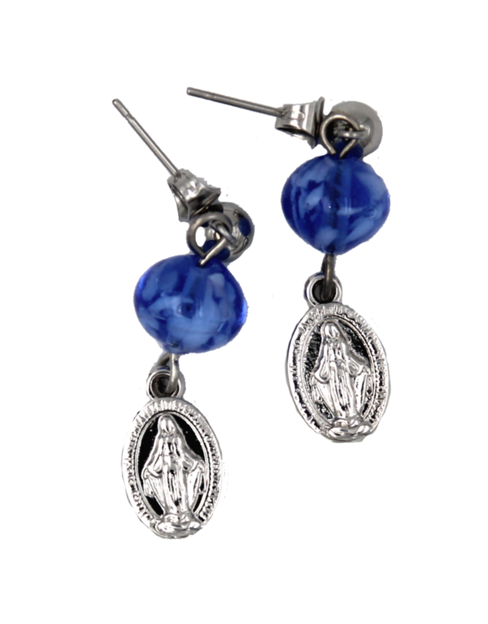 Tuscan Hills Earrings - Stainless Steel Miraculous Medal with Blue Murano Beads
