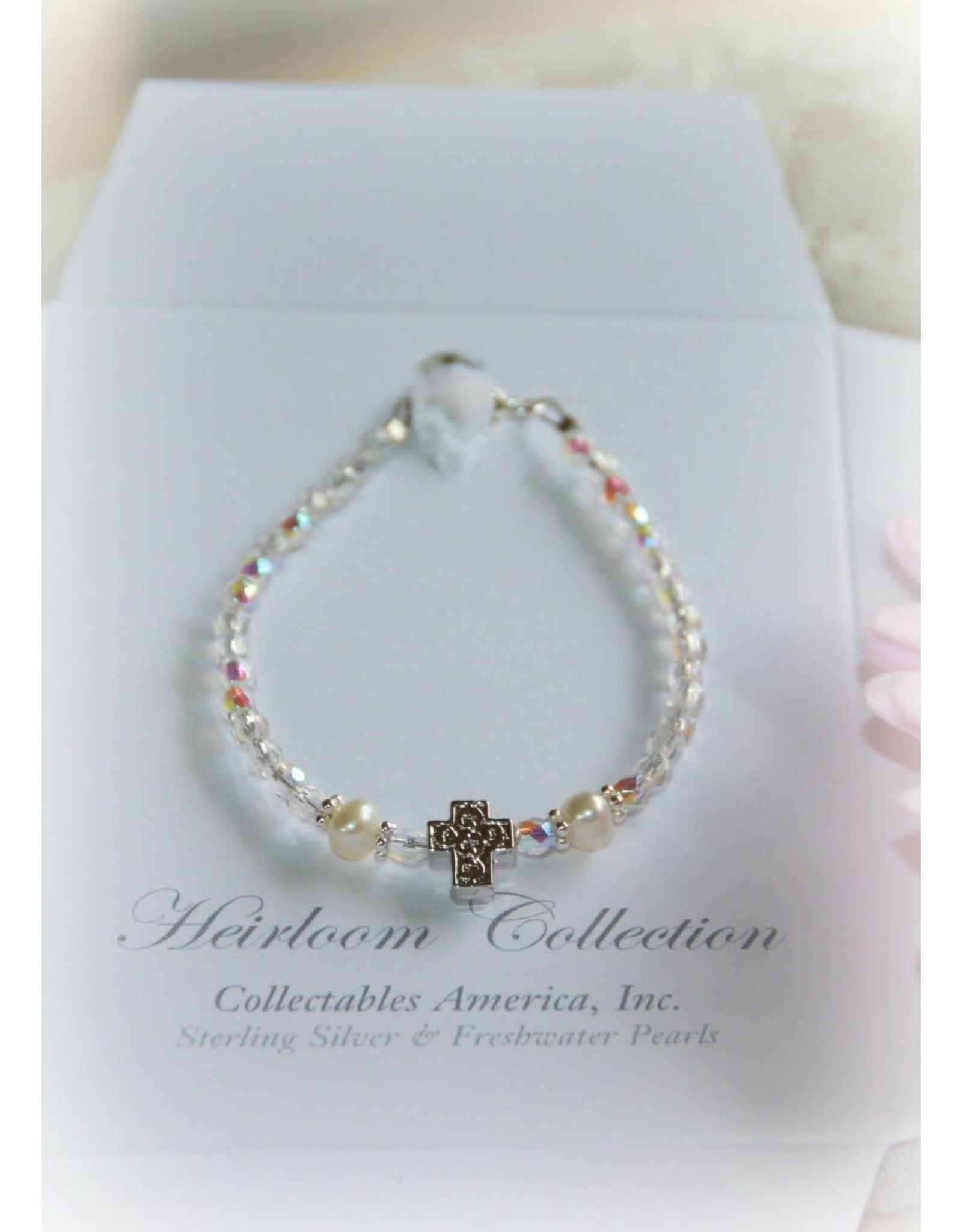 Collectables America the Studio Baby Bracelet Freshwater Pearls/Crystals 5" Rhodium Finish Cross