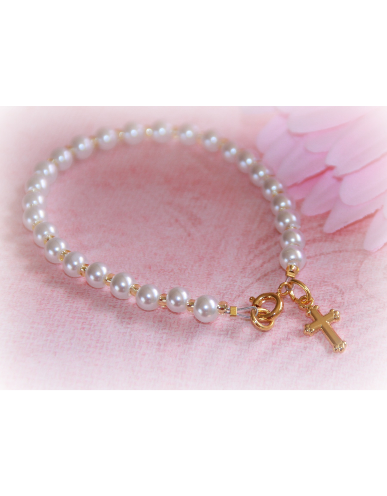 Collectables America the Studio Baby Bracelet Glass Pearls 4-1/2" Gold Finish Cross
