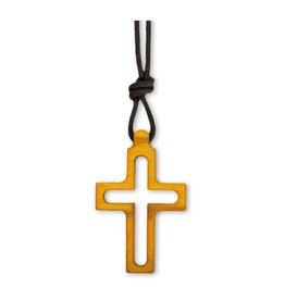 Hirten Pendant - Olive Wood Outlined Cross (1" Cross, 28" Brown Cord)