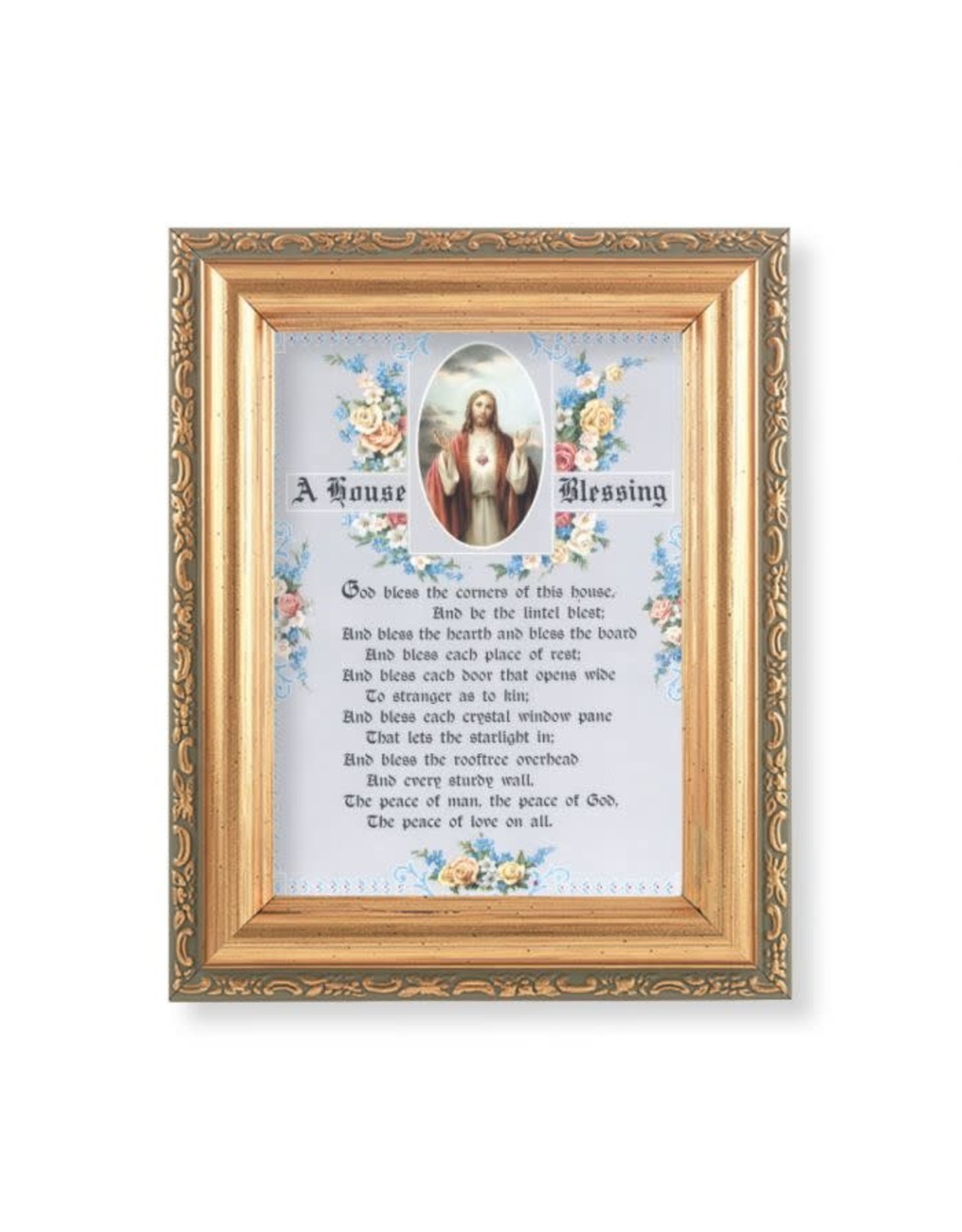 Hirten Picture - House Blessing with Sacred Heart of Jesus, Gold Antique Frame, 5-1/2x7