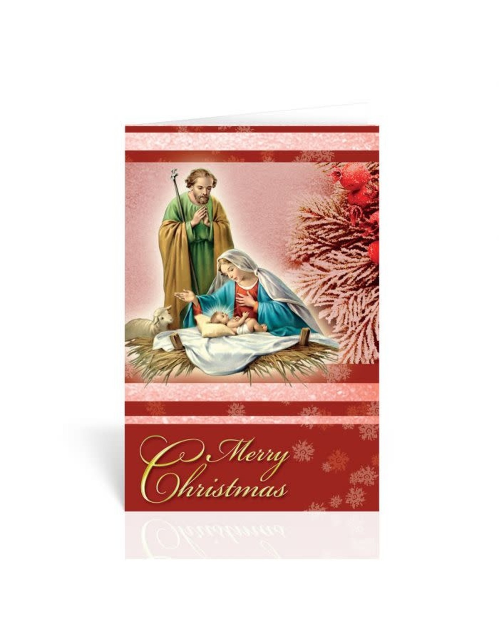 Hirten Christmas Card - Holy Family with Manger & Frosted Evergreen Berries