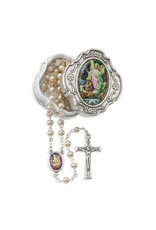 White Glass Bead Guardian Angel Rosary in a Metal Box