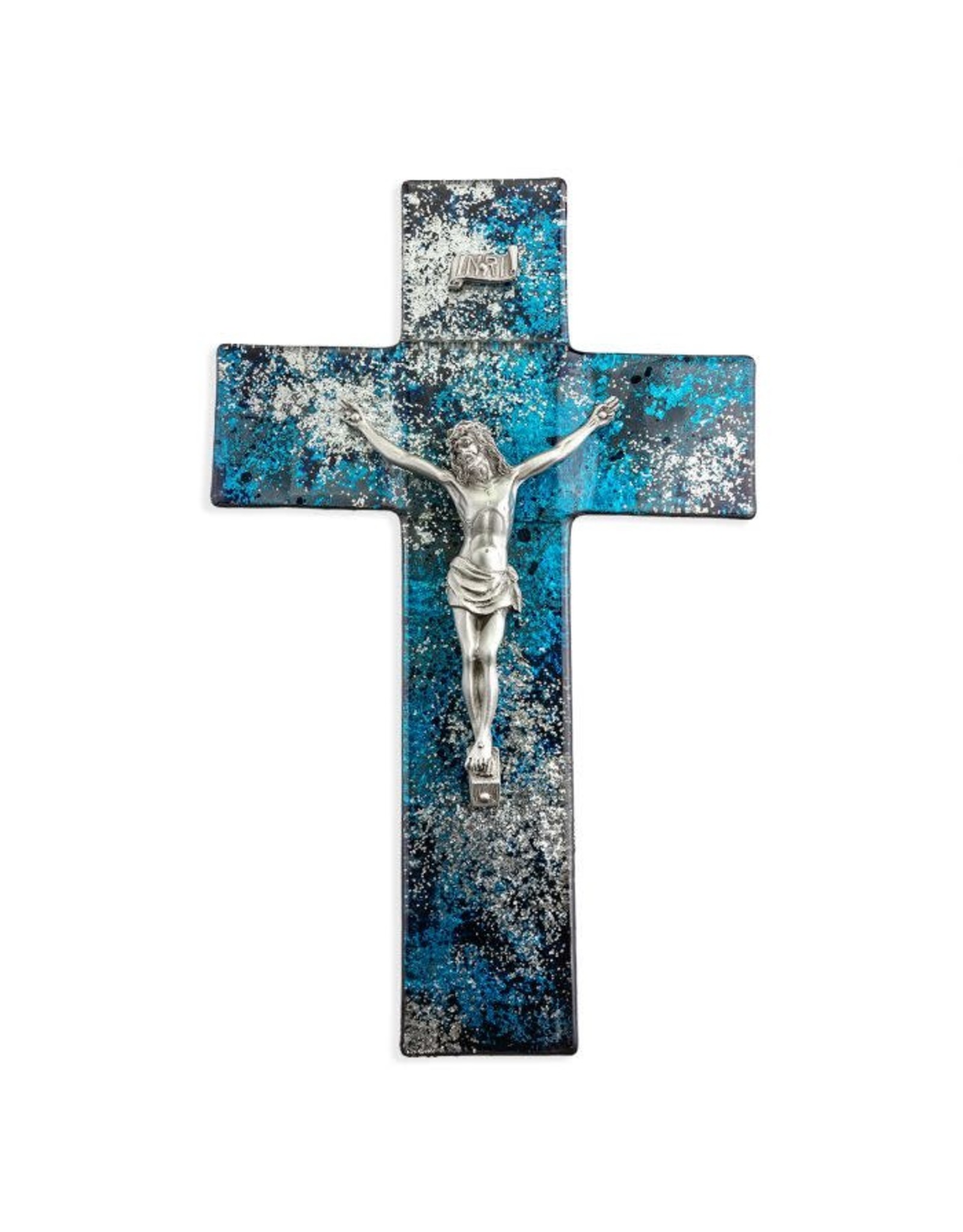 Hirten 10" Blue & Silver Shimmering Silver Glass Crucifix with Silver Corpus