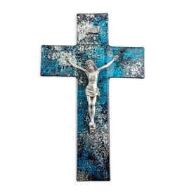 10" Blue & Silver Shimmering Silver Glass Crucifix with Silver Corpus