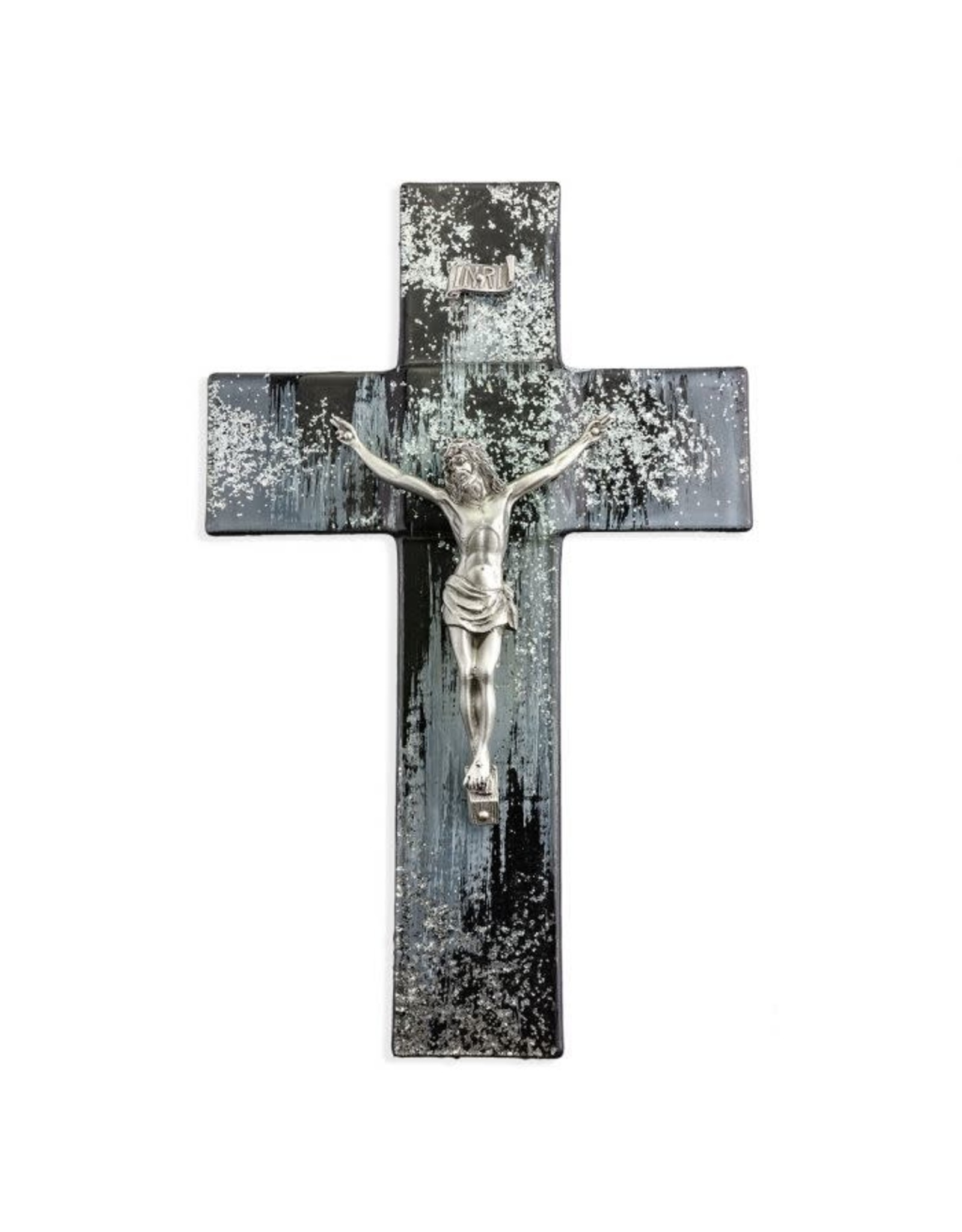 Hirten 10" Black & Silver Shimmering Silver Glass Crucifix with Silver Corpus