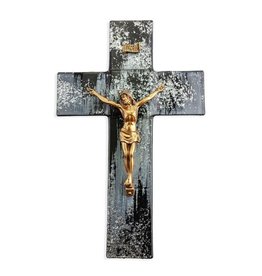 Hirten 10" Black & Silver Shimmering Silver Glass Crucifix with Gold Corpus