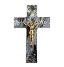 Hirten Crucifix - Black & Silver Shimmering Silver Glass with Gold Corpus (10")