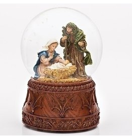 Holy Family Musical Globe with Carved Wood Base