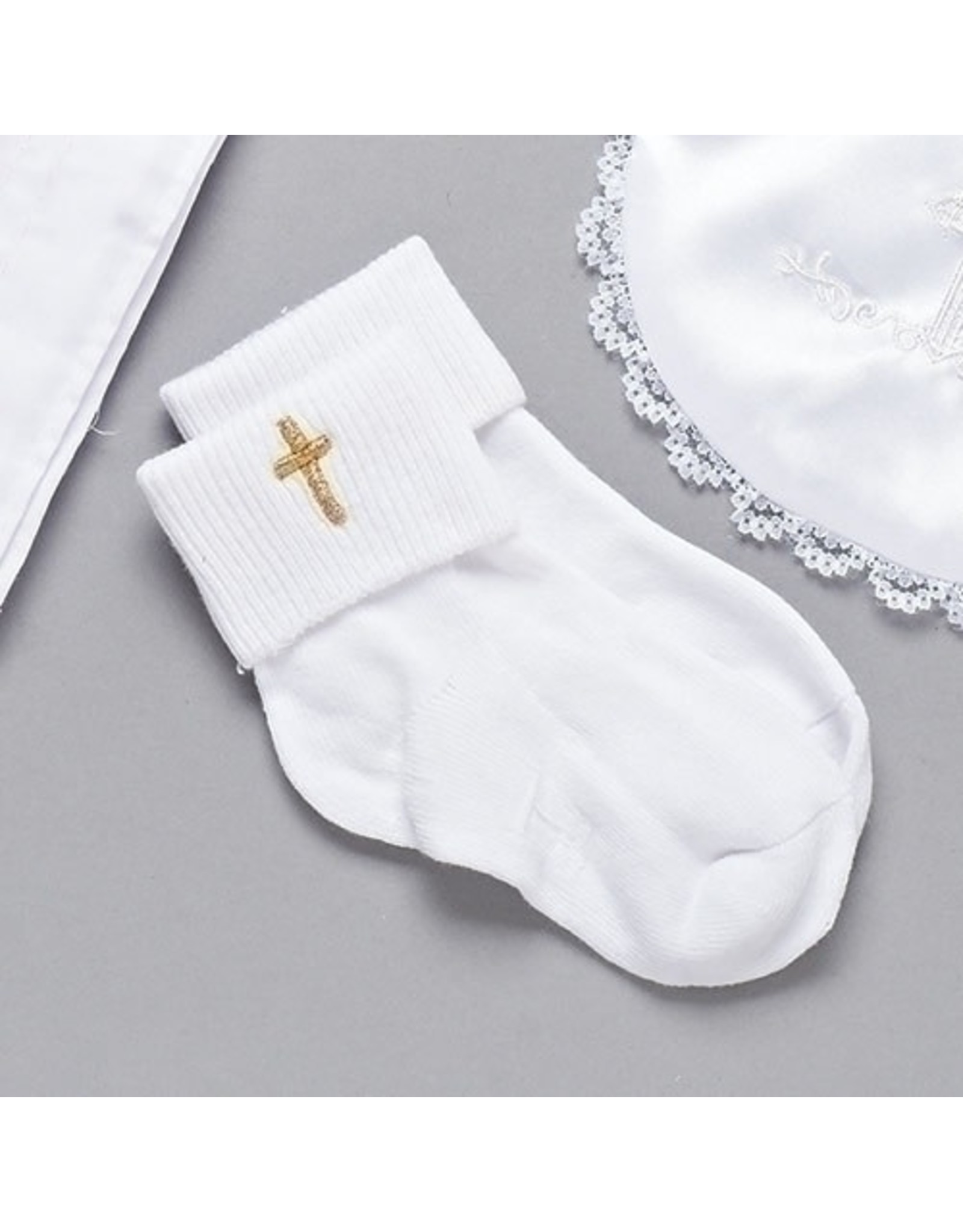 Roman Baptism Socks with Embroidered Gold Cross