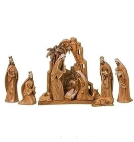 Roman Carved Nativity Set with Backdrop, 9-Pieces