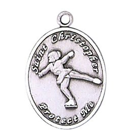 Jeweled Cross St. Christopher Sport Medal - Figure Skating - Sterling Silver - 18" Chain