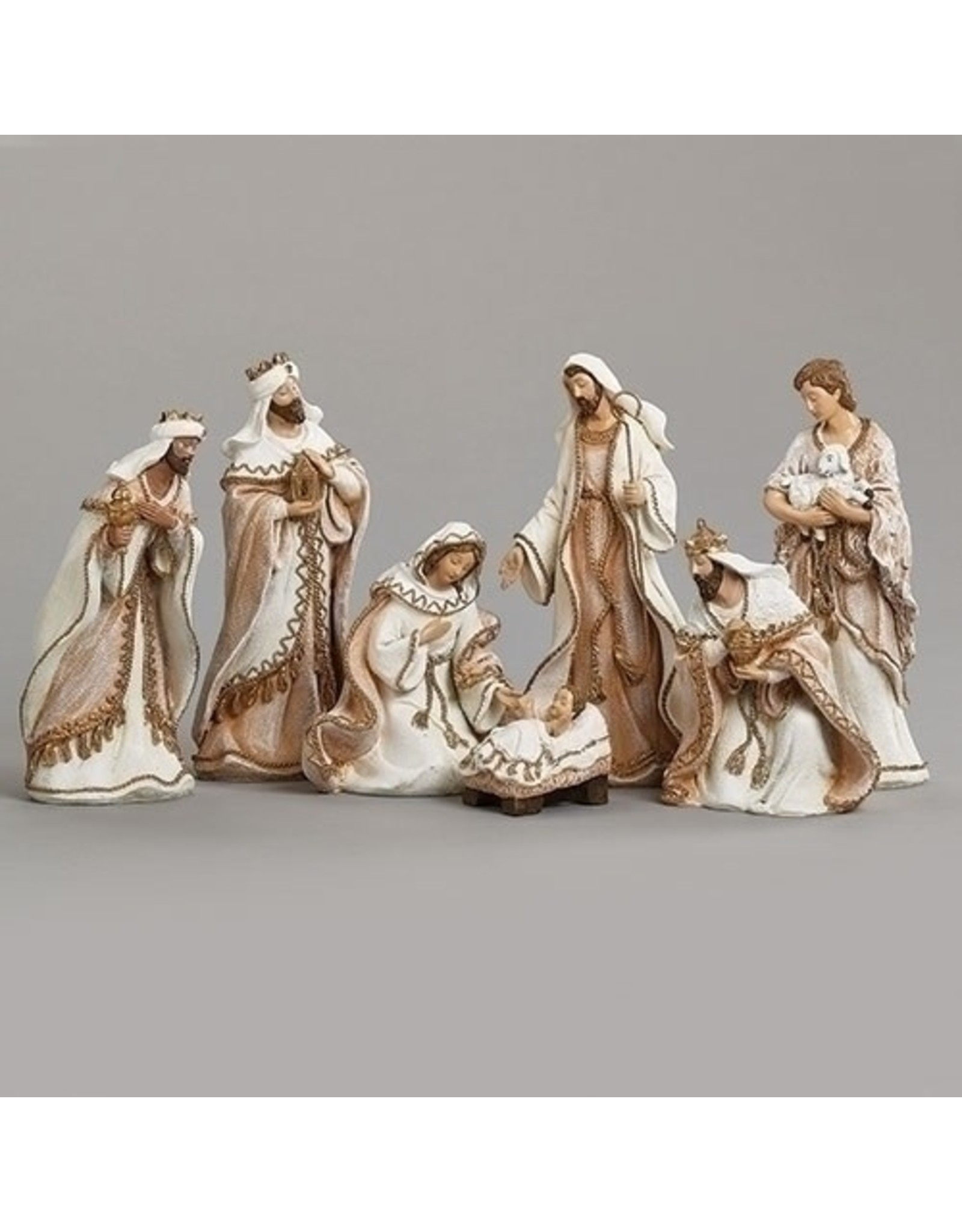 Roman Nativity Set, 8.5", 7-Piece, Woven Gold Trim Fabric Look