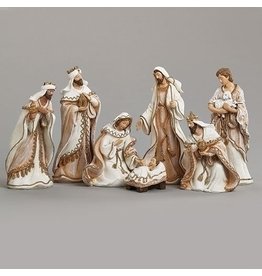 Roman Nativity Set, 8.5", 7-Piece, Woven Gold Trim Fabric Look
