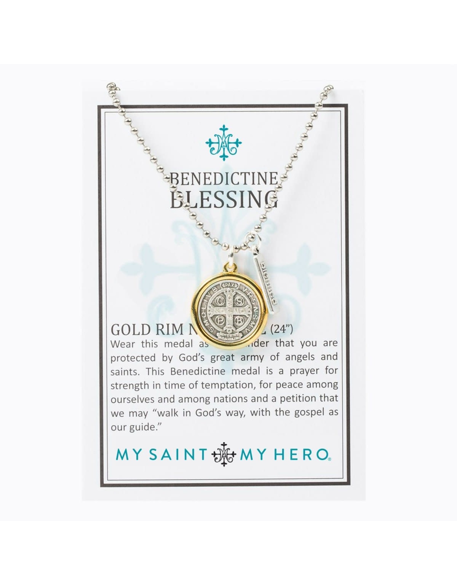 My Saint My Hero Necklace - Benedictine Blessing, Gold Rim (24" Chain)