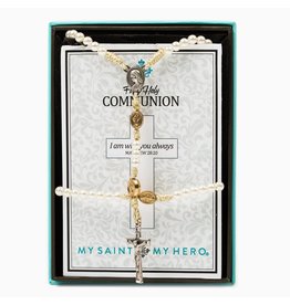 First Communion Bracelet/Rosary Set (Girl) White/Gold