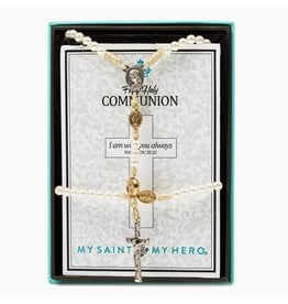 My Saint My Hero First Communion Bracelet/Rosary Set (Girl) White/Gold