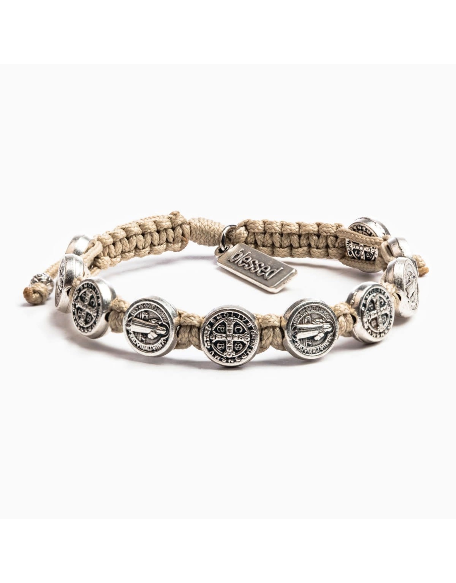 My Saint My Hero Confirmation Bracelet - Benedictine Blessing Tan/Silver