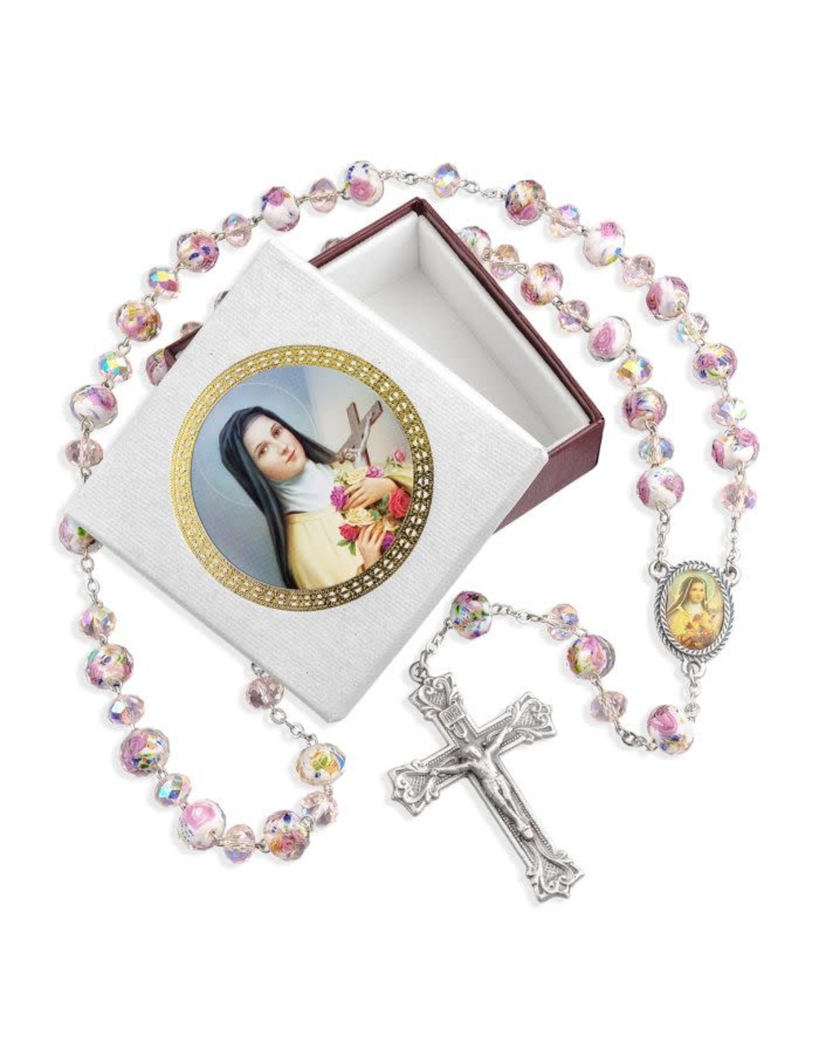 St. Therese Rosary with Handmade Floral Glass Beads with Box