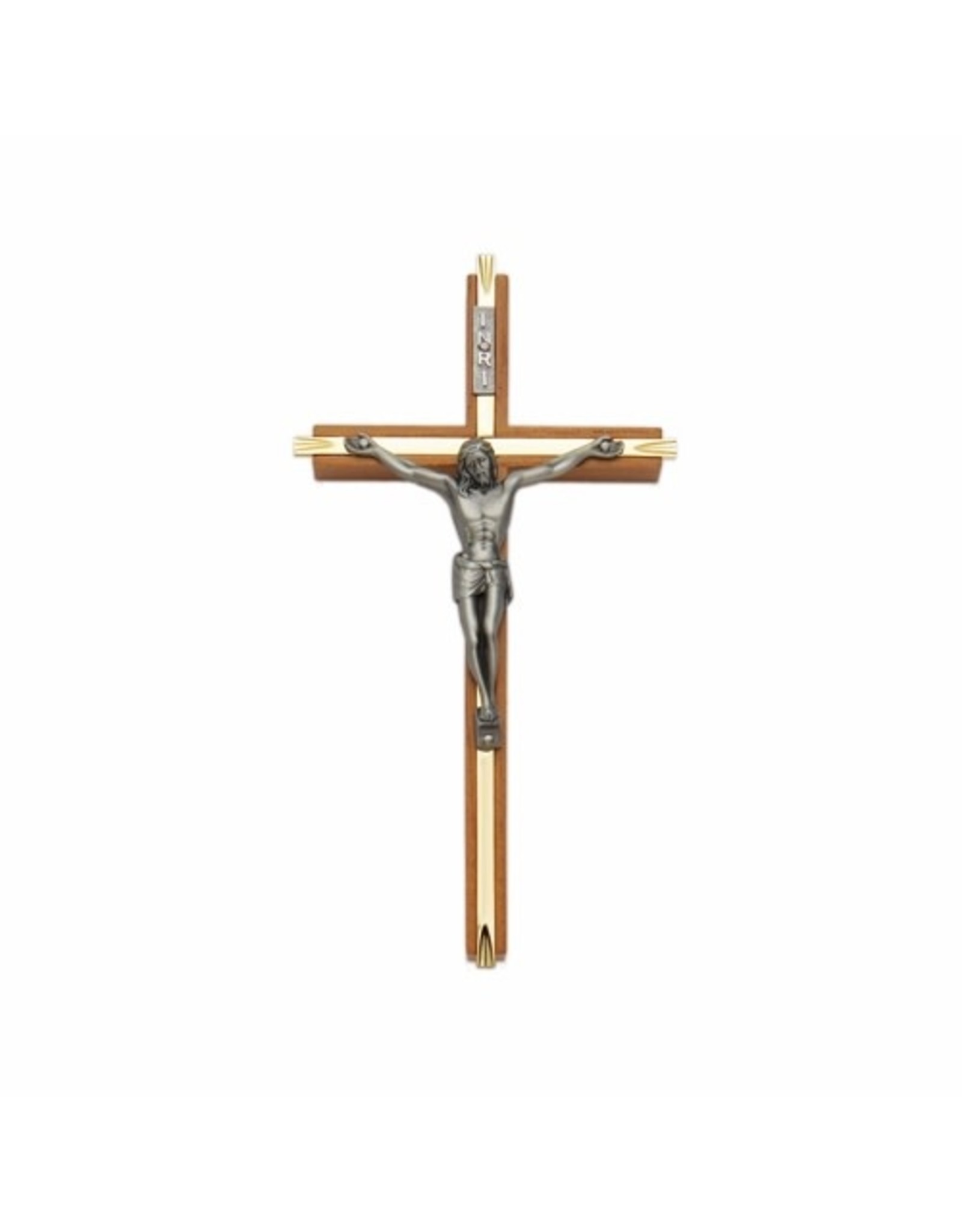 Walnut & Brass Wall Crucifix with Antiqued Pewter Corpus (8")