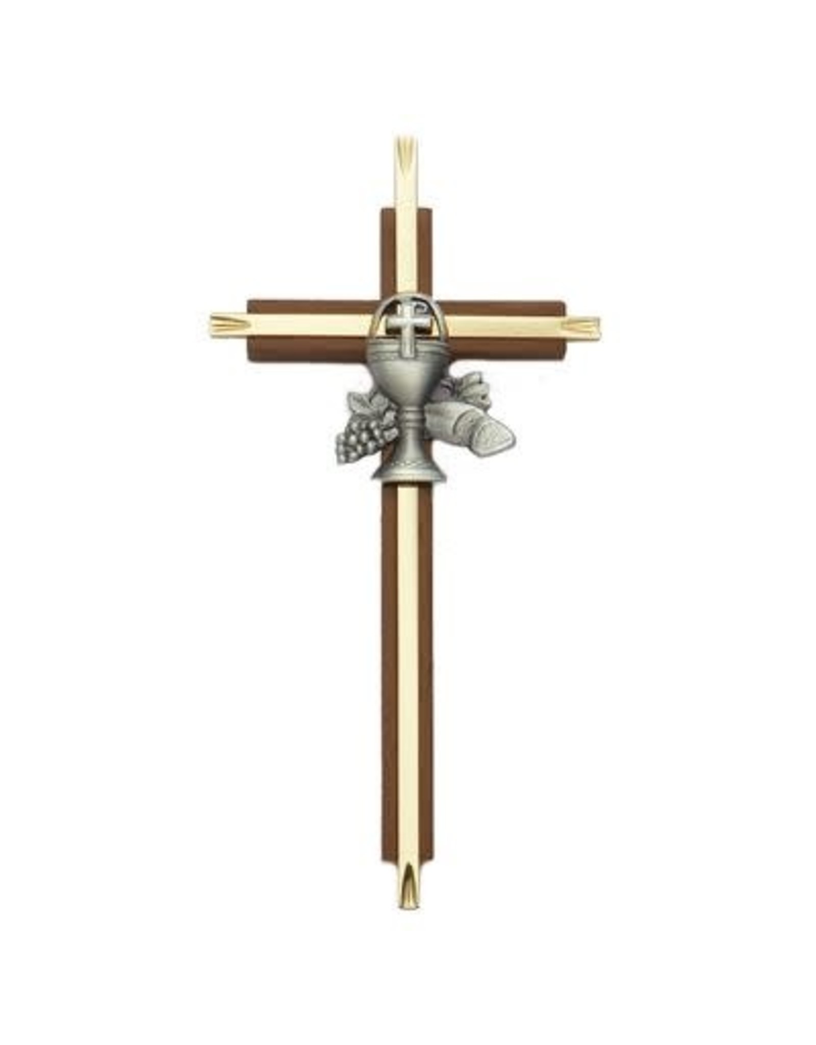 Singer First Communion Brass & Walnut Wall Cross 7"