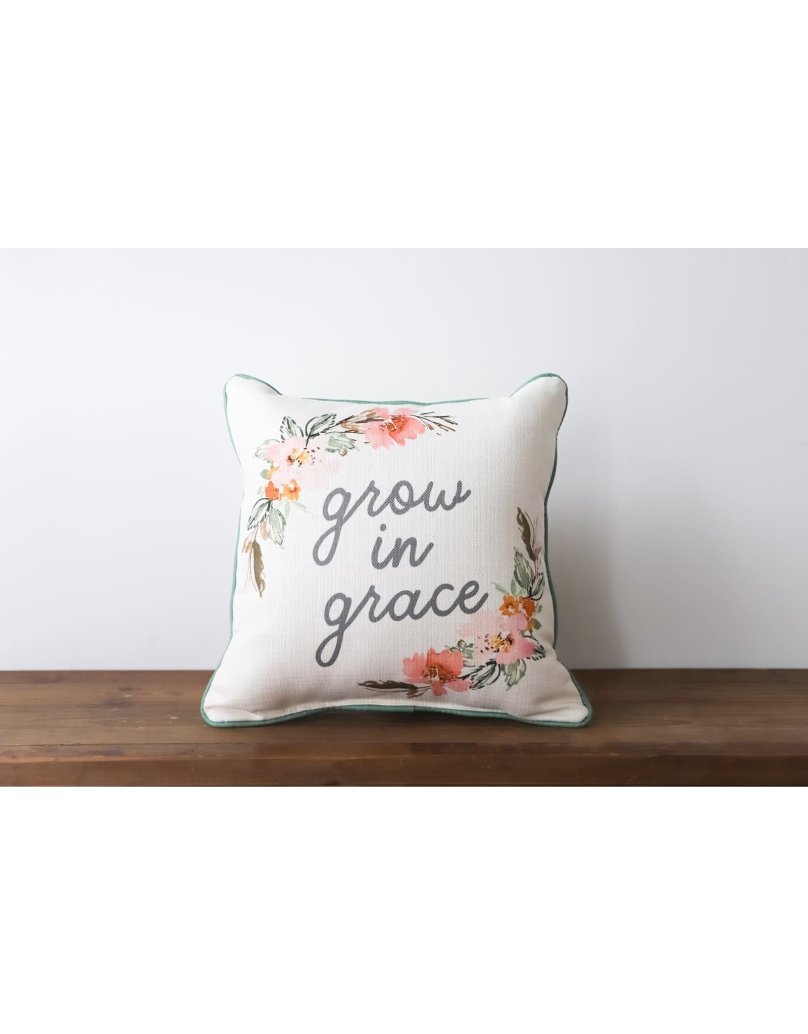 Little Birdie Pillow - Grow in Grace, Floral Wreath (with Grey Piping)