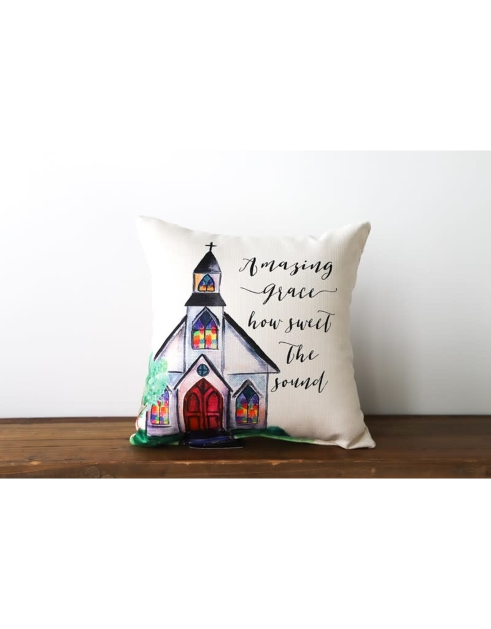 Little Birdie Pillow - Amazing Grace, Watercolor Church (with Charcoal Color Piping)