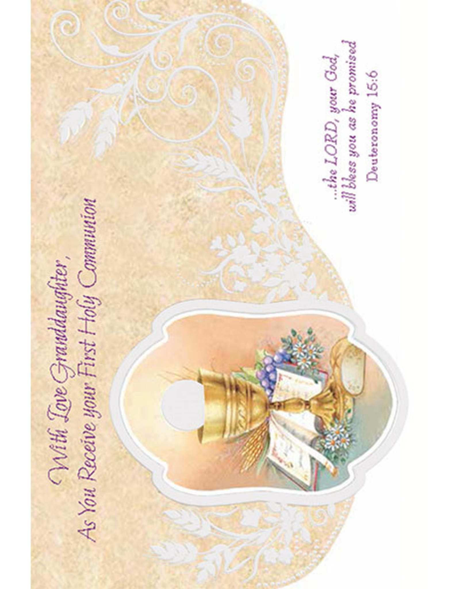 Greetings of Faith Card - First Communion Granddaughter, Tan with White Detailing