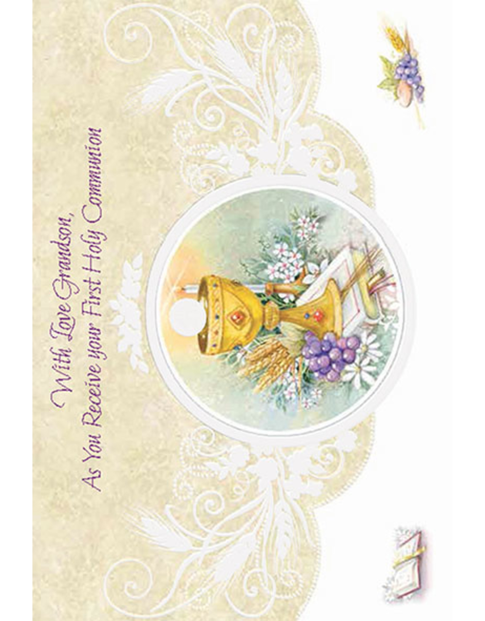Greetings of Faith Card - First Communion Grandson, Tan with White Detailing