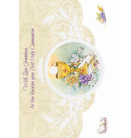 Greetings of Faith Card - First Communion Grandson, Tan with White Detailing