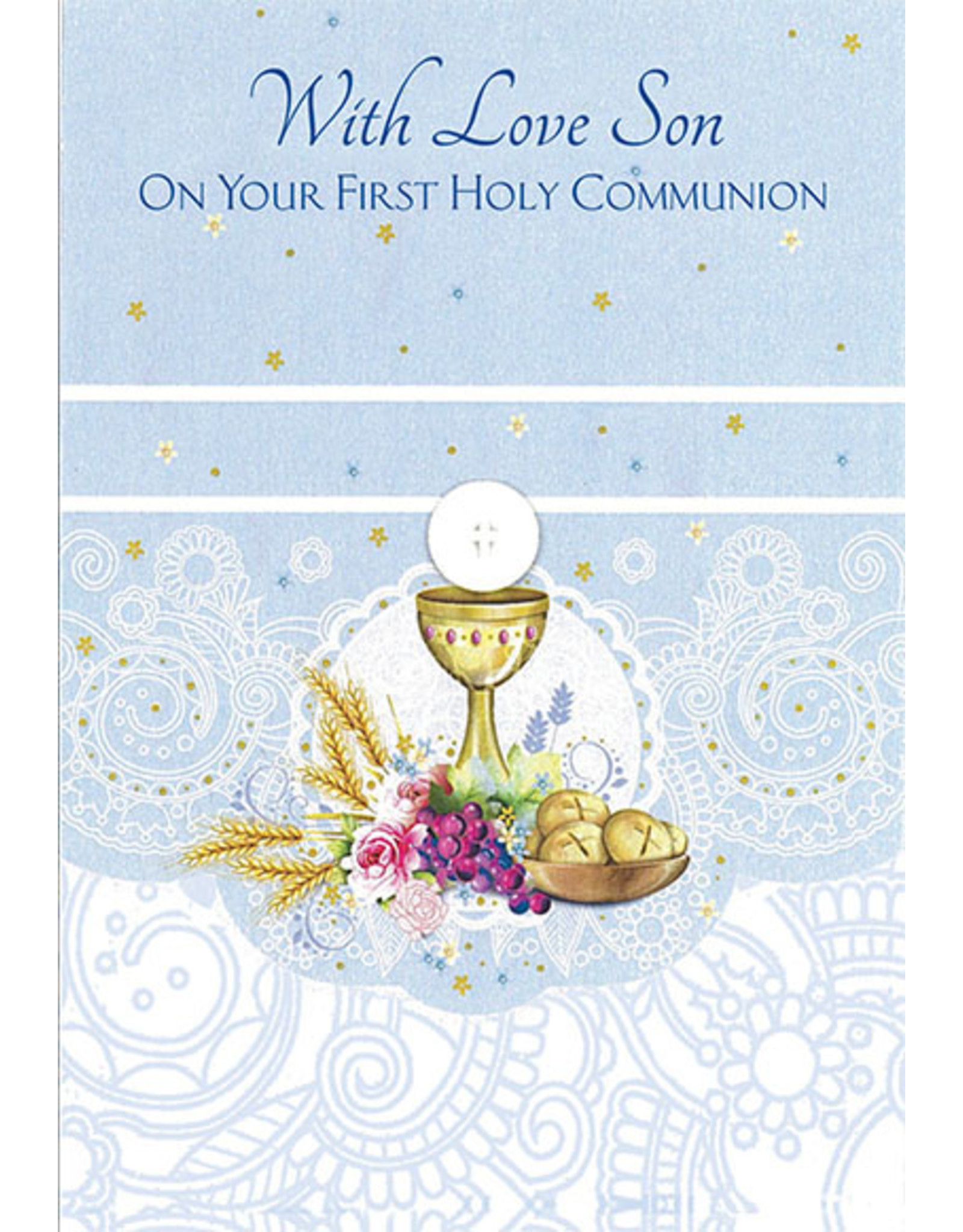 Greetings of Faith Card - First Communion Son, Blue with Swirl Detailing & Stars