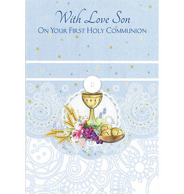 Greetings of Faith Card - First Communion Son, Blue with Swirl Detailing & Stars