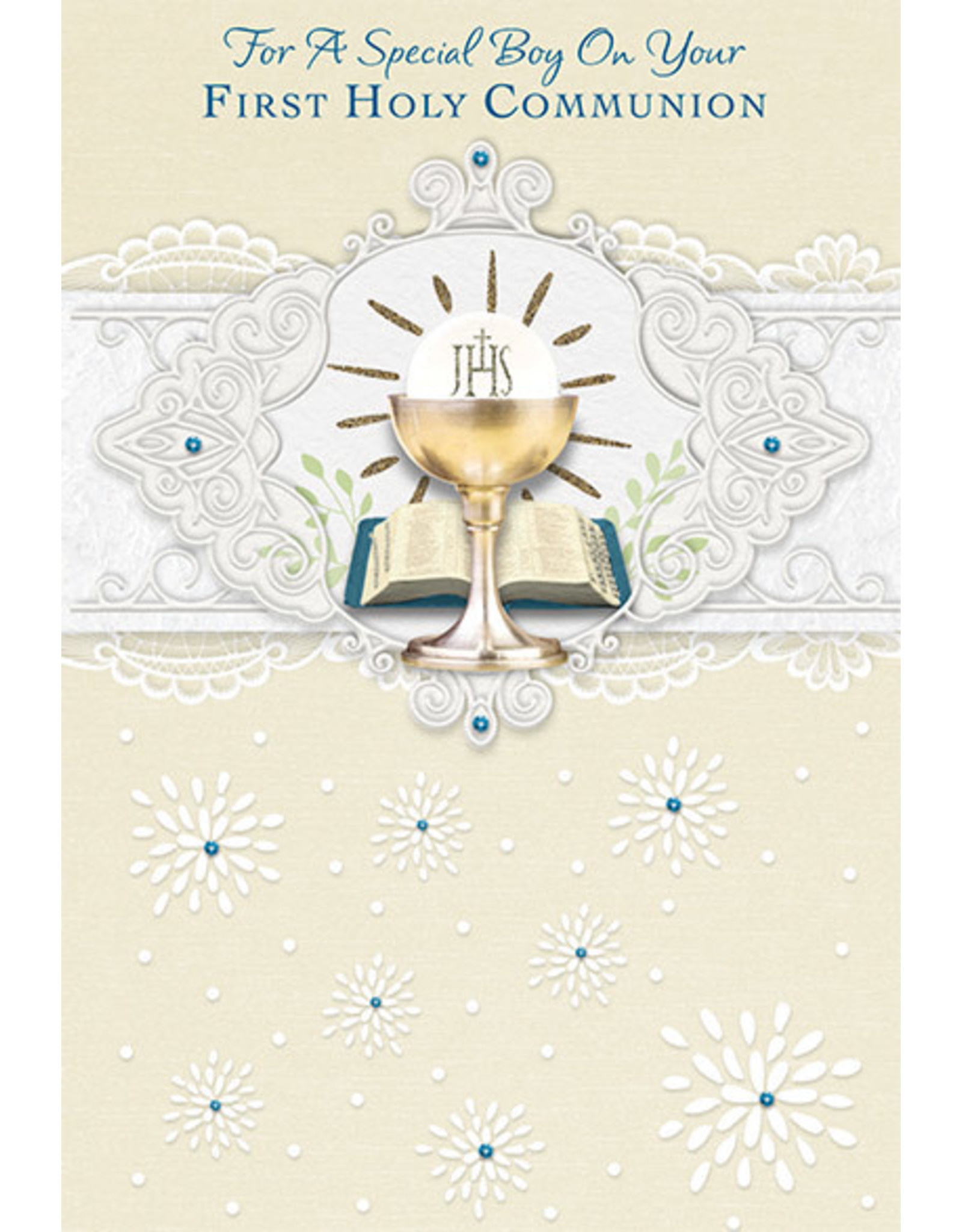 Greetings of Faith Card - First Communion (Boy), White Lace Detailing