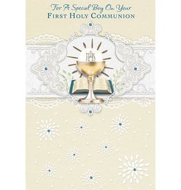 Greetings of Faith Card - First Communion (Boy), White Lace Detailing