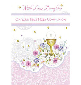Greetings of Faith Card - First Communion, Daughter, Pink Swirls