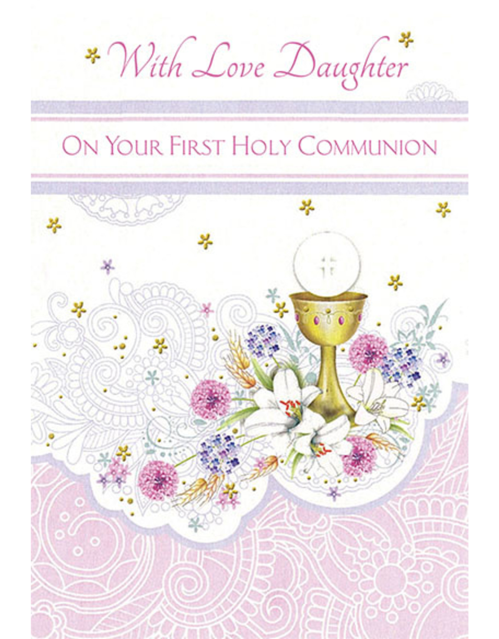 Greetings of Faith Card - First Communion, Daughter, Pink Swirls