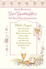 Greetings of Faith Card - First Communion Great Granddaughter, Elegant Pink Design