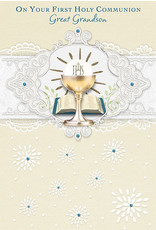Greetings of Faith Card - First Communion, Great Grandson, Embossed with Blue Accents