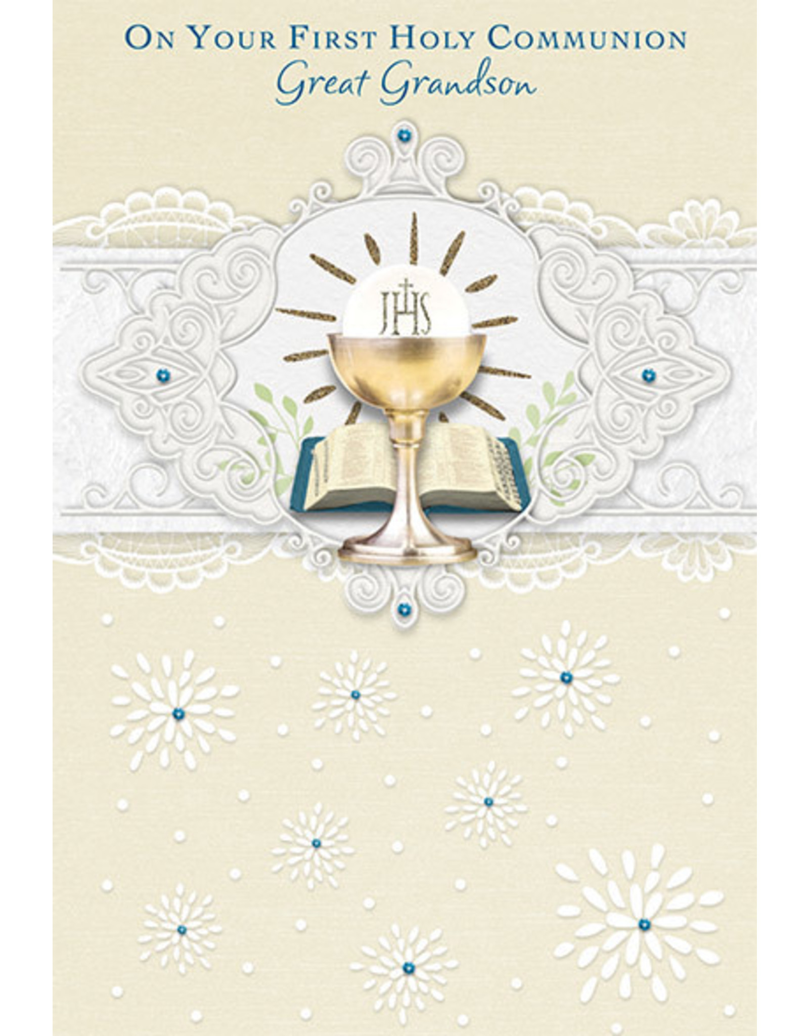 Greetings of Faith Card - First Communion, Great Grandson, Embossed with Blue Accents